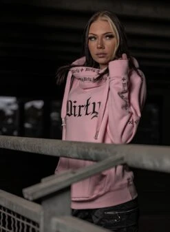Dirty Cross Neck Hoodie, Rosa