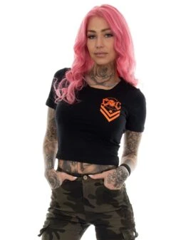 EXc New Skull Logo Cropped Tee, Black N Orange